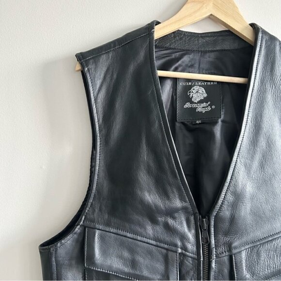VINTAGE Screaming Eagle Black Genuine Leather Front Pockets Vest - Picture 2 of 7